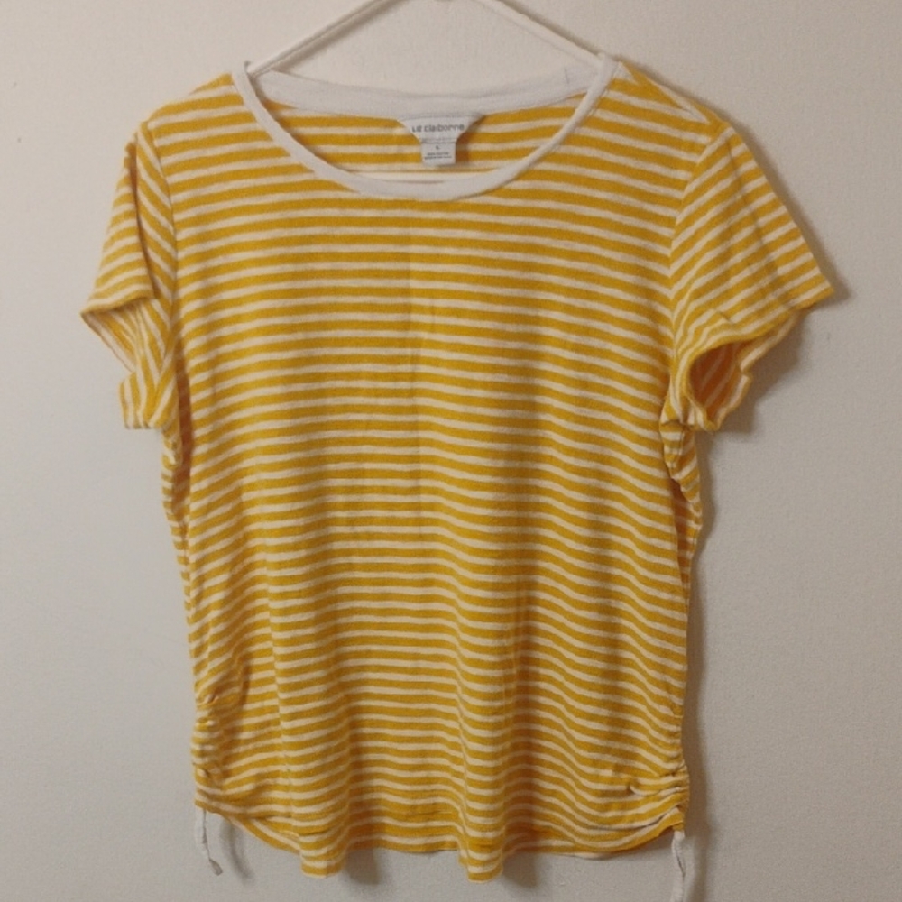 Liz Claiborne Gold and White Striped Short Sleeve Tee with Drawcord